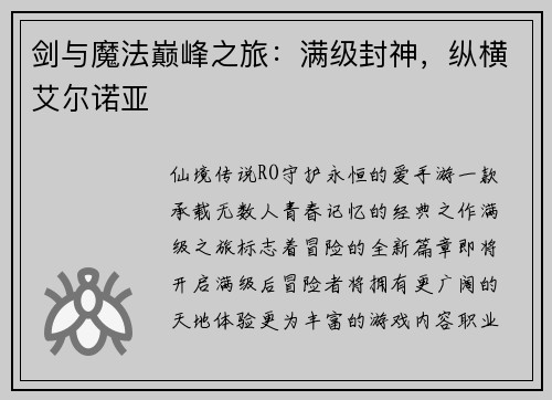 剑与魔法巅峰之旅：满级封神，纵横艾尔诺亚